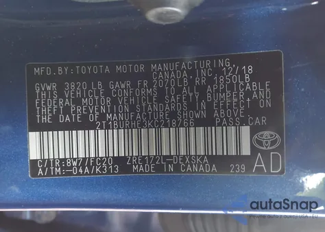 2019 Toyota Corolla Se from USA, damaged, VIN 2T1BURHE3KC218766